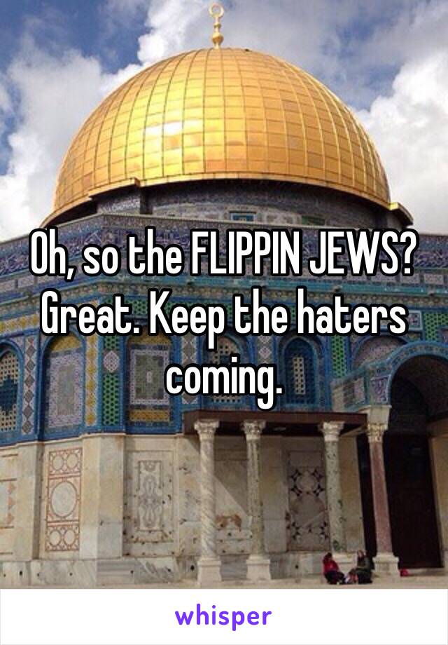 Oh, so the FLIPPIN JEWS? Great. Keep the haters coming.