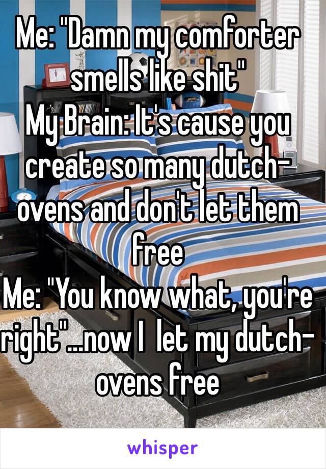 Me: "Damn my comforter smells like shit"
My Brain: It's cause you create so many dutch-ovens and don't let them free
Me: "You know what, you're right"...now I  let my dutch-ovens free 
