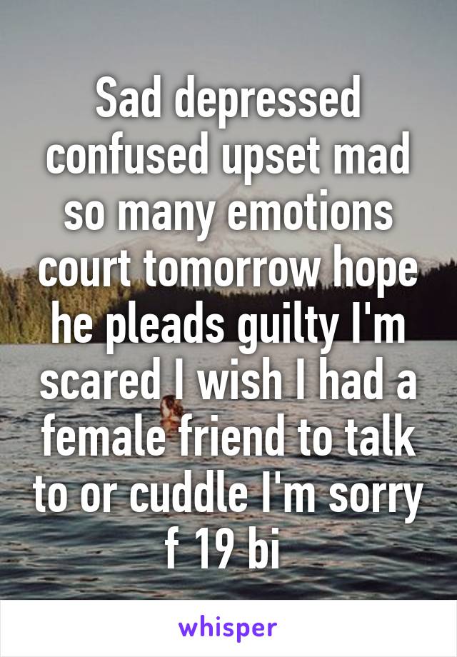 Sad depressed confused upset mad so many emotions court tomorrow hope he pleads guilty I'm scared I wish I had a female friend to talk to or cuddle I'm sorry f 19 bi 