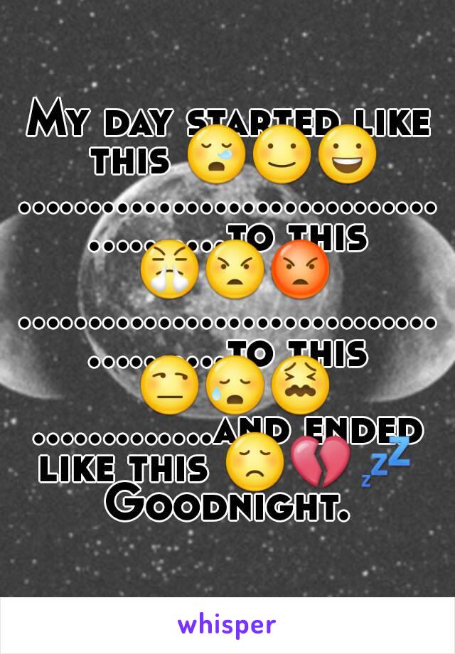 My day started like this 😪☺😃
........................................to this 😤😠😡
........................................to this 😒😥😖
.............and ended like this 😞💔💤 
Goodnight.