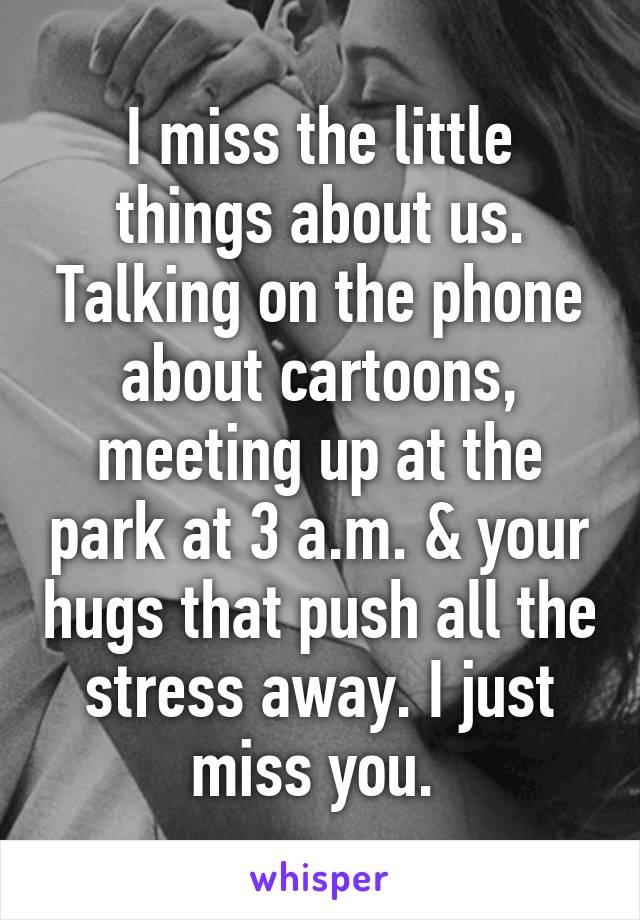 I miss the little things about us. Talking on the phone about cartoons, meeting up at the park at 3 a.m. & your hugs that push all the stress away. I just miss you. 