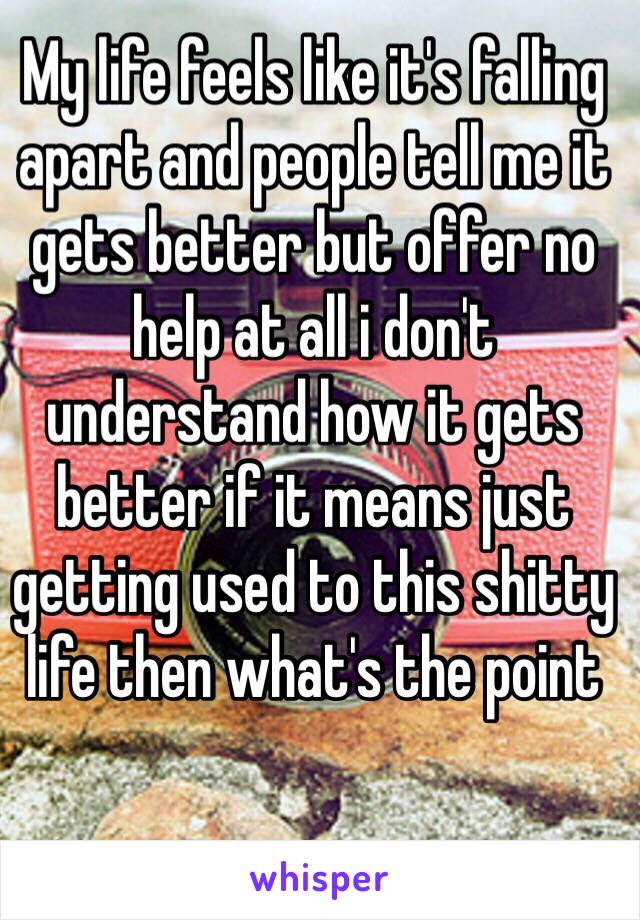 My life feels like it's falling apart and people tell me it gets better but offer no help at all i don't understand how it gets better if it means just getting used to this shitty life then what's the point