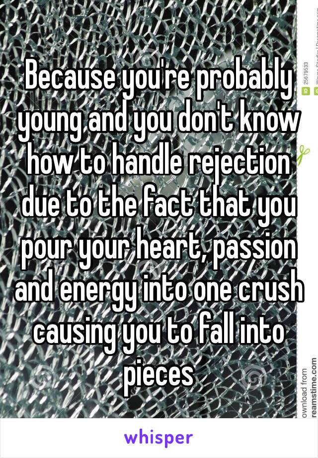 Because you're probably young and you don't know how to handle rejection due to the fact that you pour your heart, passion and energy into one crush causing you to fall into pieces