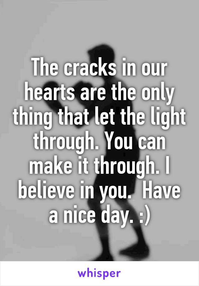 The cracks in our hearts are the only thing that let the light through. You can make it through. I believe in you.  Have a nice day. :)