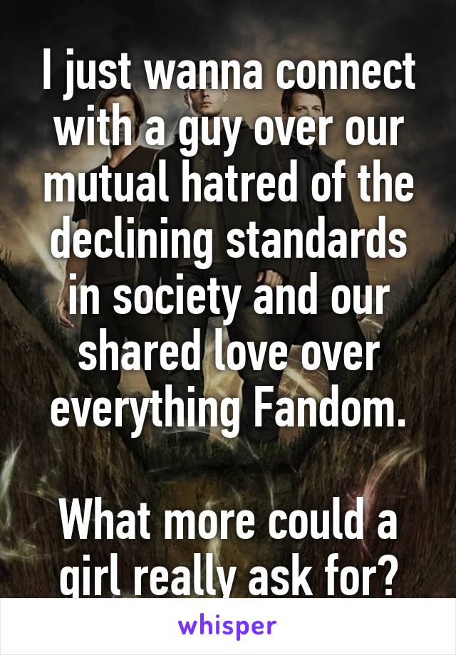 I just wanna connect with a guy over our mutual hatred of the declining standards in society and our shared love over everything Fandom.

What more could a girl really ask for?