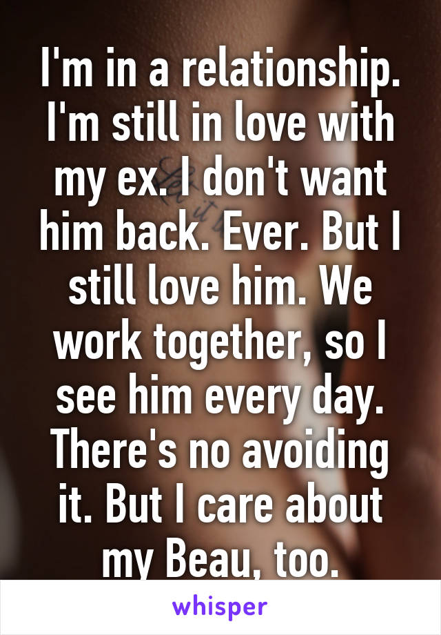 I'm in a relationship. I'm still in love with my ex. I don't want him back. Ever. But I still love him. We work together, so I see him every day. There's no avoiding it. But I care about my Beau, too.