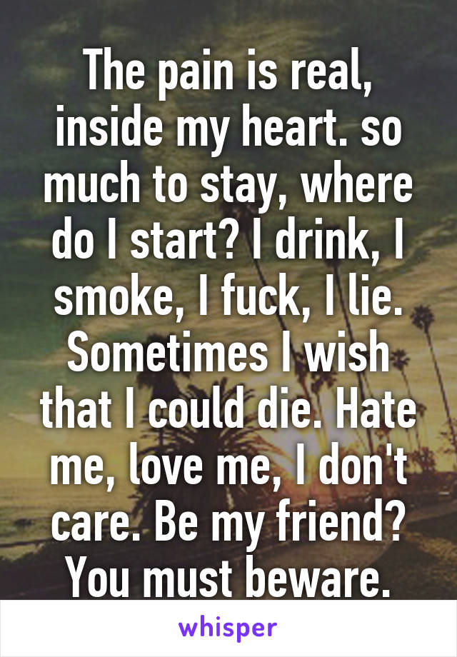 The pain is real, inside my heart. so much to stay, where do I start? I drink, I smoke, I fuck, I lie. Sometimes I wish that I could die. Hate me, love me, I don't care. Be my friend? You must beware.