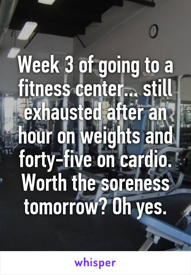 Week 3 of going to a fitness center... still exhausted after an hour on weights and forty-five on cardio.
Worth the soreness tomorrow? Oh yes.