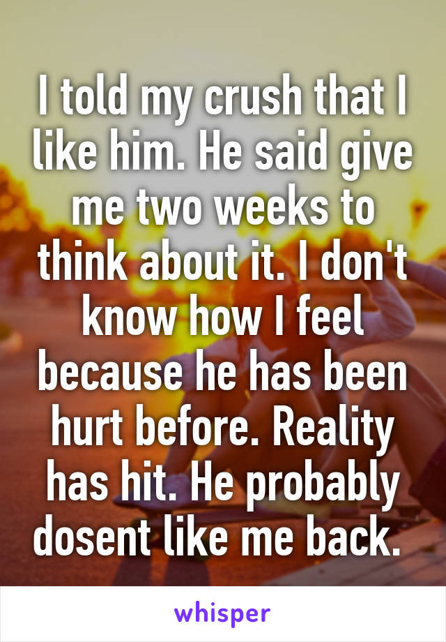 I told my crush that I like him. He said give me two weeks to think about it. I don't know how I feel because he has been hurt before. Reality has hit. He probably dosent like me back. 