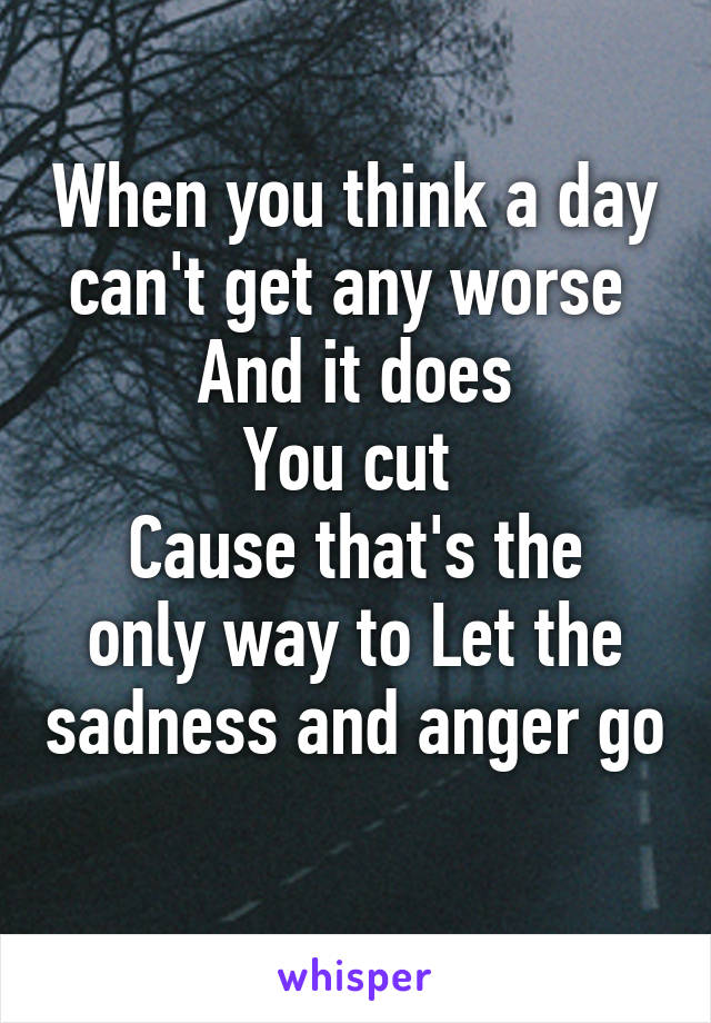 When you think a day can't get any worse 
And it does
You cut 
Cause that's the only way to Let the sadness and anger go 