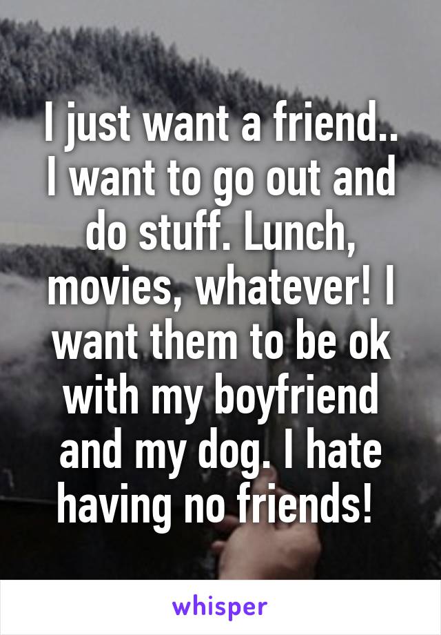 I just want a friend..
I want to go out and do stuff. Lunch, movies, whatever! I want them to be ok with my boyfriend and my dog. I hate having no friends! 