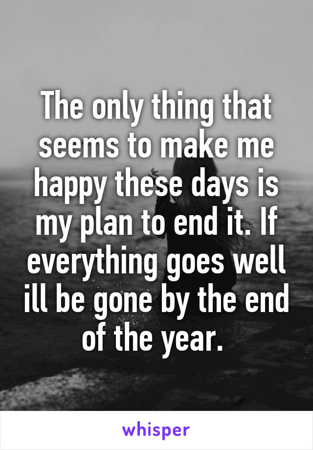 The only thing that seems to make me happy these days is my plan to end it. If everything goes well ill be gone by the end of the year. 