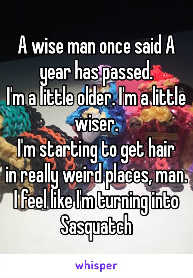 A wise man once said A year has passed.
I'm a little older. I'm a little wiser.
I'm starting to get hair
in really weird places, man.
I feel like I'm turning into Sasquatch