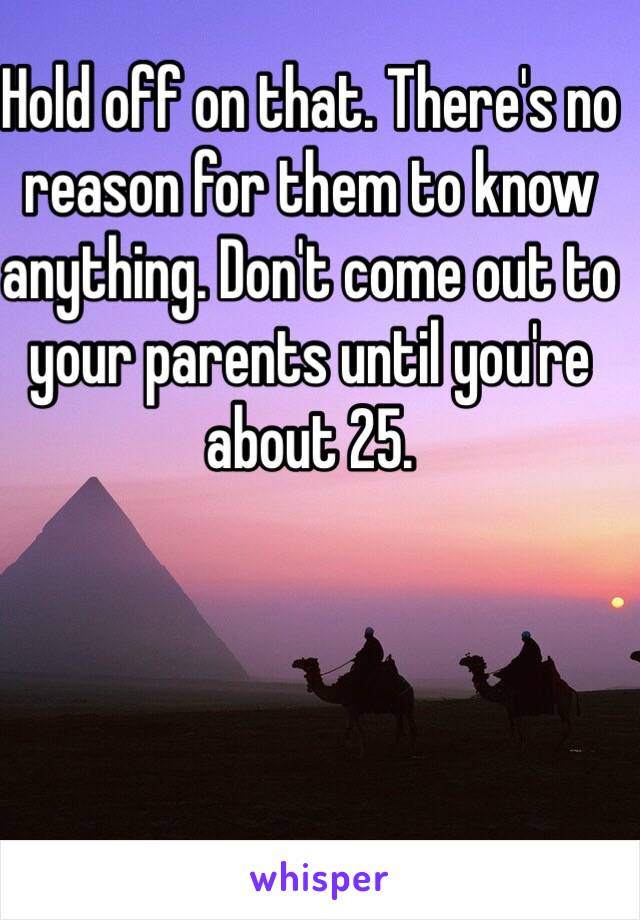 Hold off on that. There's no reason for them to know anything. Don't come out to your parents until you're about 25.