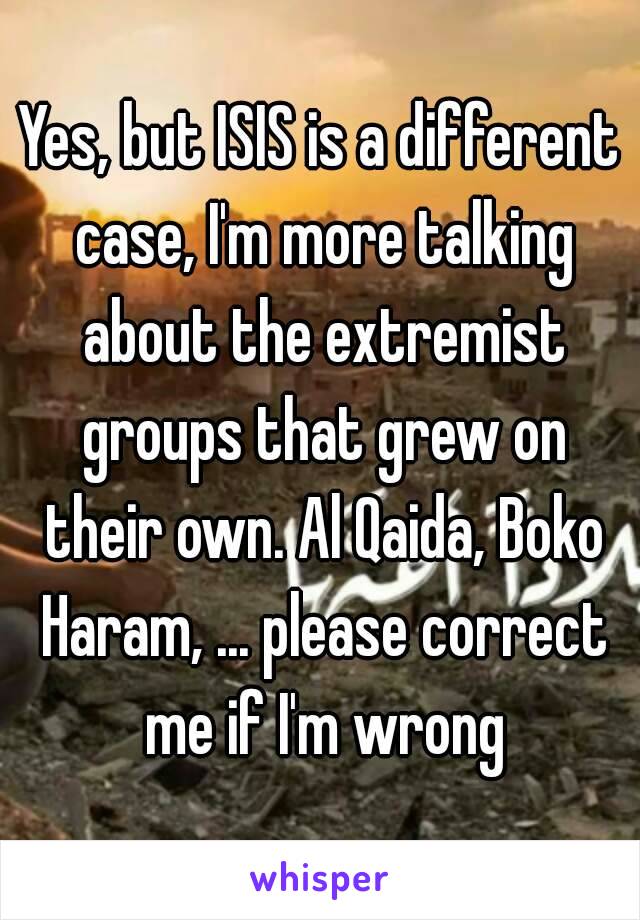 Yes, but ISIS is a different case, I'm more talking about the extremist groups that grew on their own. Al Qaida, Boko Haram, ... please correct me if I'm wrong