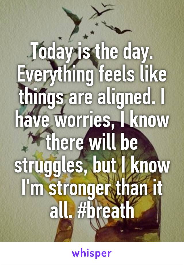 Today is the day. Everything feels like things are aligned. I have worries, I know there will be struggles, but I know I'm stronger than it all. #breath