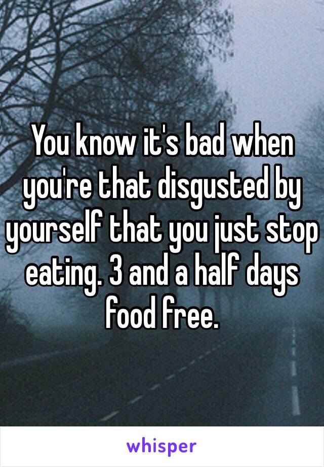 You know it's bad when you're that disgusted by yourself that you just stop eating. 3 and a half days food free. 