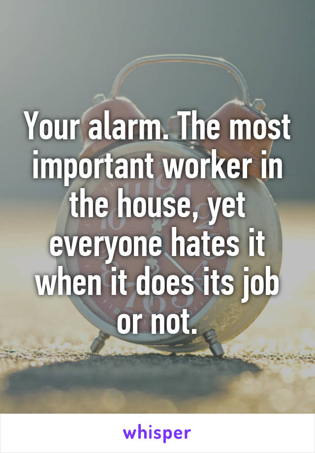 Your alarm. The most important worker in the house, yet everyone hates it when it does its job or not.