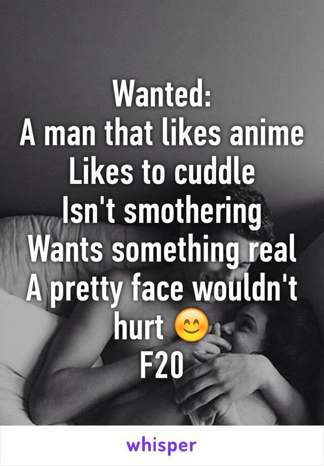 Wanted:
A man that likes anime
Likes to cuddle
Isn't smothering 
Wants something real
A pretty face wouldn't hurt 😊
F20