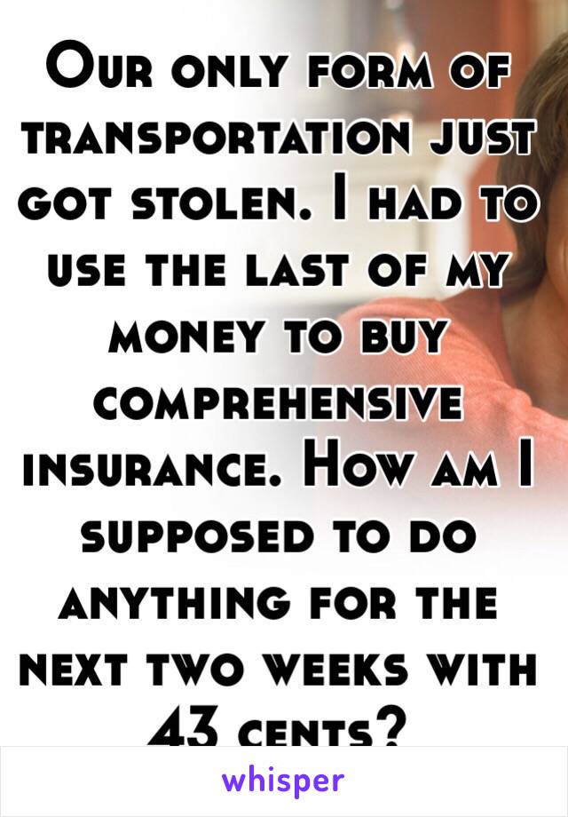 Our only form of transportation just got stolen. I had to use the last of my money to buy comprehensive insurance. How am I supposed to do anything for the next two weeks with 43 cents? 