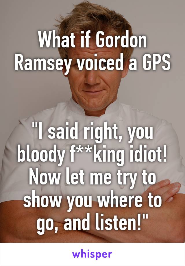 What if Gordon Ramsey voiced a GPS


"I said right, you bloody f**king idiot! Now let me try to show you where to go, and listen!"