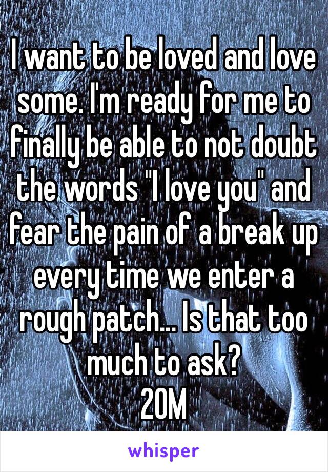 I want to be loved and love some. I'm ready for me to finally be able to not doubt the words "I love you" and fear the pain of a break up every time we enter a rough patch... Is that too much to ask?
20M