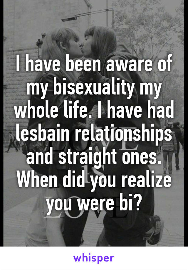 I have been aware of my bisexuality my whole life. I have had lesbain relationships and straight ones. When did you realize you were bi?