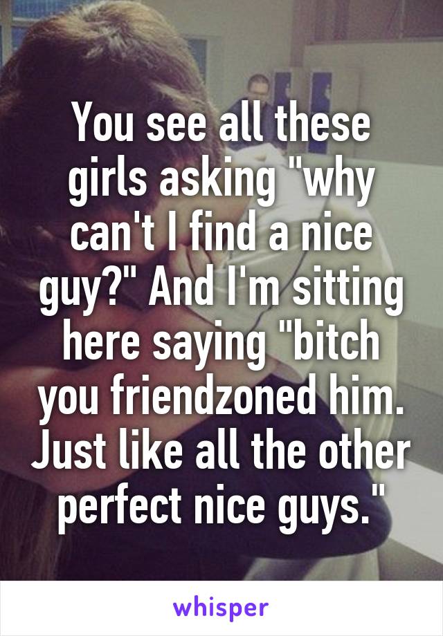 You see all these girls asking "why can't I find a nice guy?" And I'm sitting here saying "bitch you friendzoned him. Just like all the other perfect nice guys."