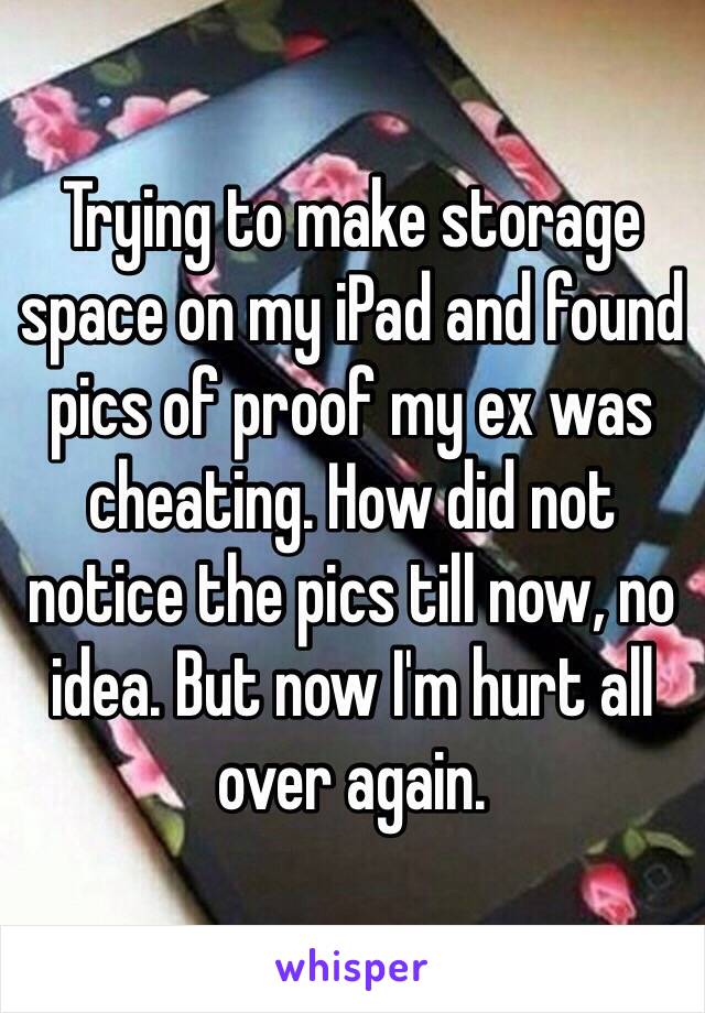 Trying to make storage space on my iPad and found pics of proof my ex was cheating. How did not notice the pics till now, no idea. But now I'm hurt all over again.