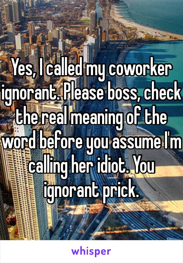 Yes, I called my coworker ignorant. Please boss, check the real meaning of the word before you assume I'm calling her idiot. You ignorant prick. 