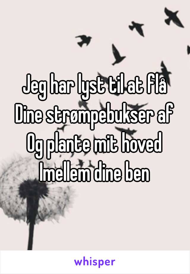 Jeg har lyst til at flå
Dine strømpebukser af
Og plante mit hoved
Imellem dine ben