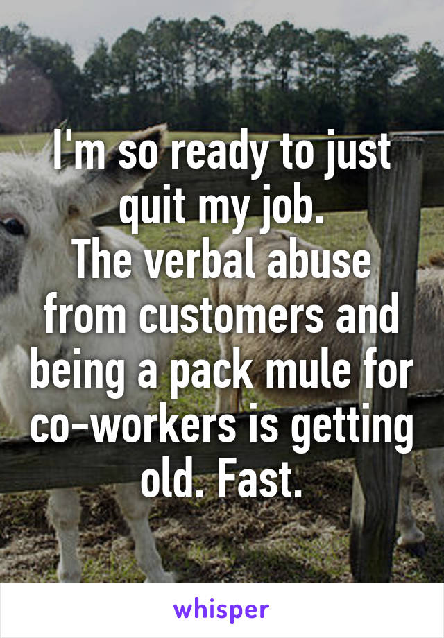 I'm so ready to just quit my job.
The verbal abuse from customers and being a pack mule for co-workers is getting old. Fast.