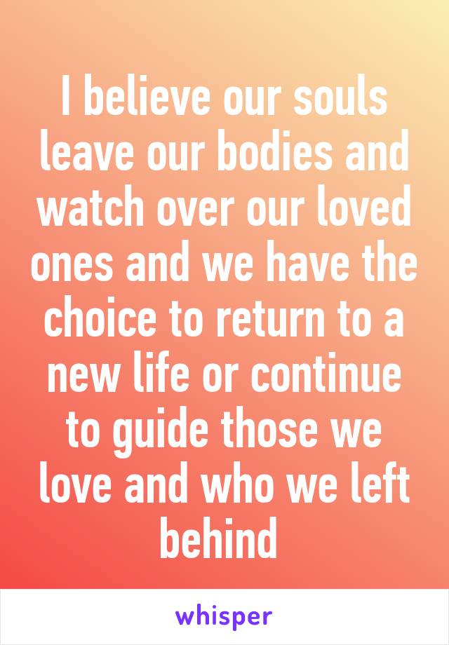 I believe our souls leave our bodies and watch over our loved ones and we have the choice to return to a new life or continue to guide those we love and who we left behind 