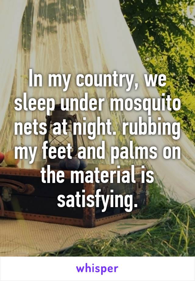 In my country, we sleep under mosquito nets at night. rubbing my feet and palms on the material is satisfying.