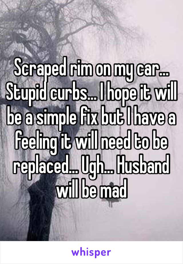 Scraped rim on my car... Stupid curbs... I hope it will be a simple fix but I have a feeling it will need to be replaced... Ugh... Husband will be mad 