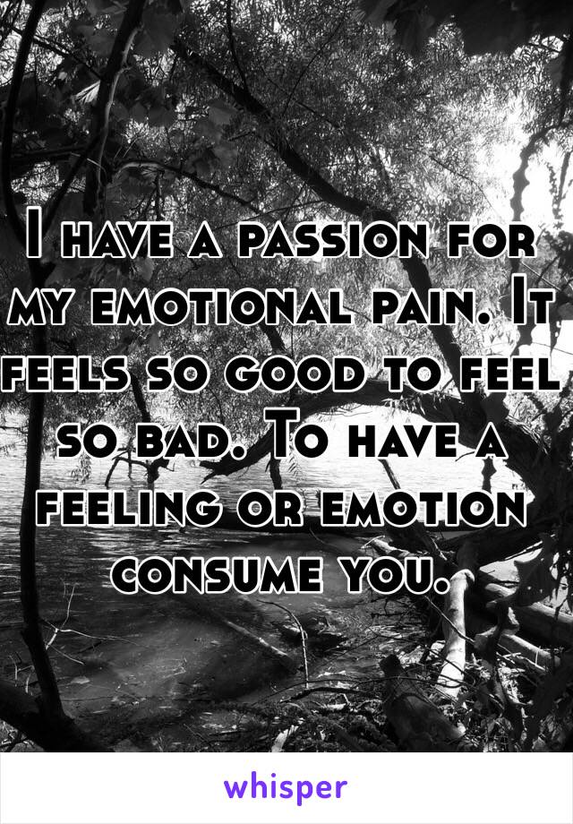 I have a passion for my emotional pain. It feels so good to feel so bad. To have a feeling or emotion consume you. 