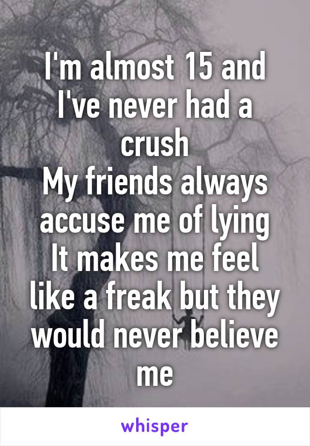 I'm almost 15 and I've never had a crush
My friends always accuse me of lying
It makes me feel like a freak but they would never believe me