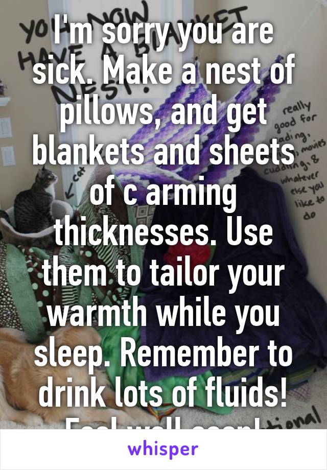 I'm sorry you are sick. Make a nest of pillows, and get blankets and sheets of c arming thicknesses. Use them to tailor your warmth while you sleep. Remember to drink lots of fluids! Feel well soon!