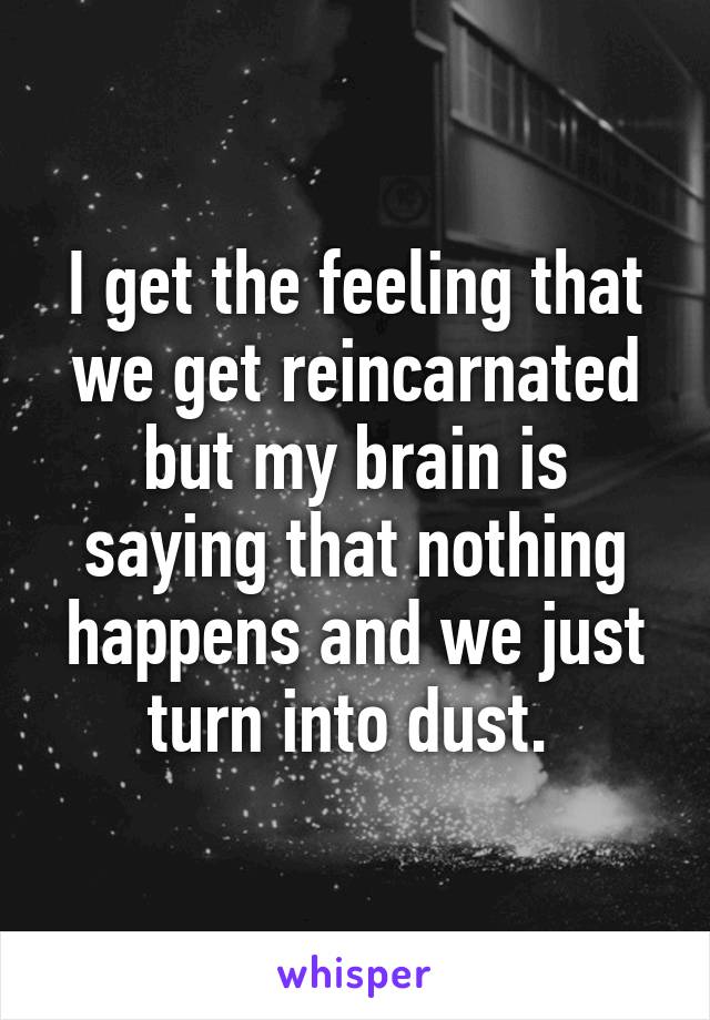 I get the feeling that we get reincarnated but my brain is saying that nothing happens and we just turn into dust. 