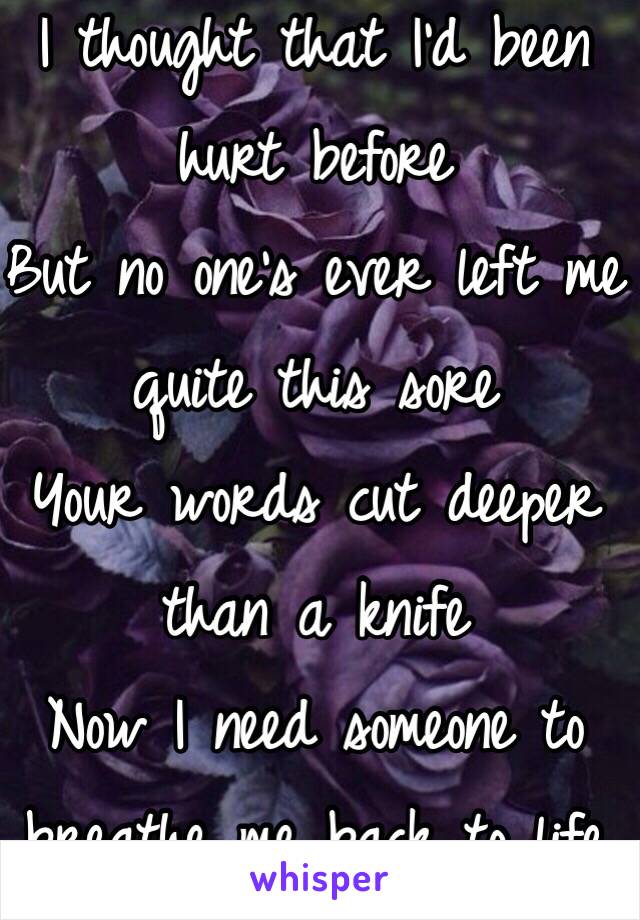 I thought that I'd been hurt before
But no one's ever left me quite this sore
Your words cut deeper than a knife
Now I need someone to breathe me back to life