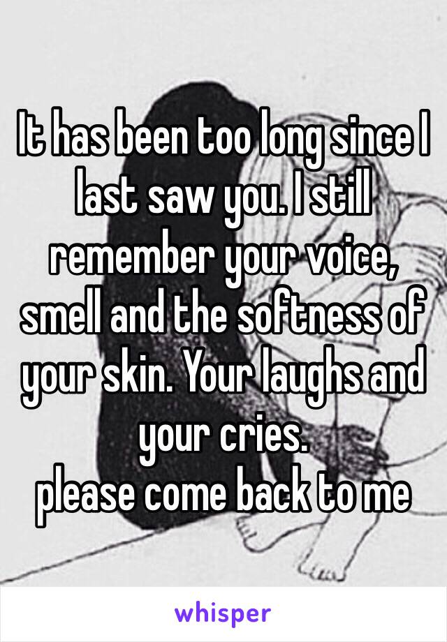 It has been too long since I last saw you. I still remember your voice, smell and the softness of your skin. Your laughs and your cries. 
please come back to me