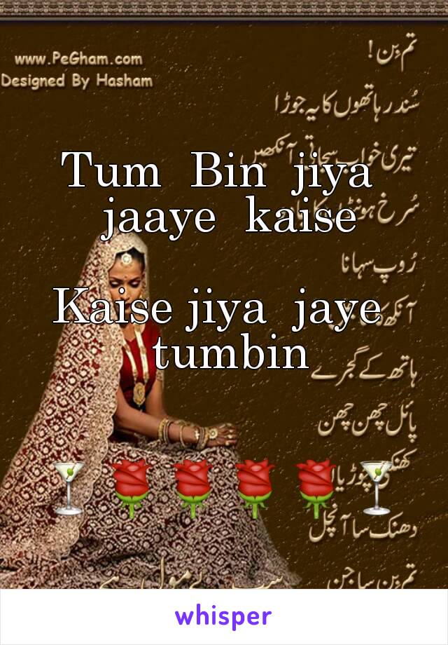 
Tum  Bin  jiya  jaaye  kaise

Kaise jiya  jaye  tumbin


🍸🌹🌹🌹🌹🍸
