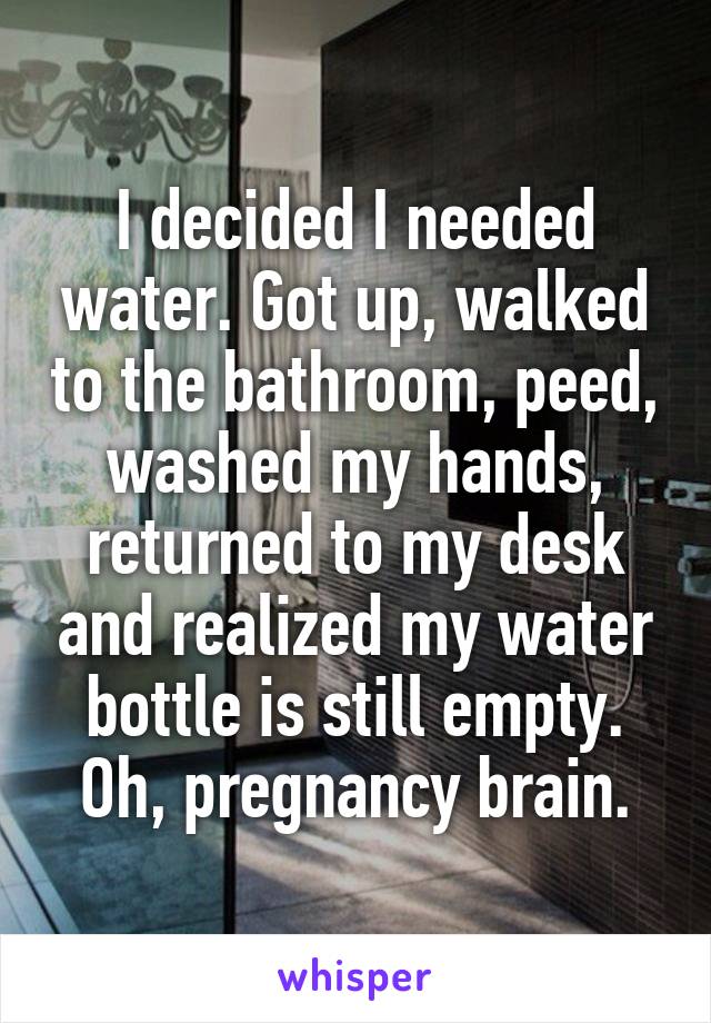 I decided I needed water. Got up, walked to the bathroom, peed, washed my hands, returned to my desk and realized my water bottle is still empty.
Oh, pregnancy brain.