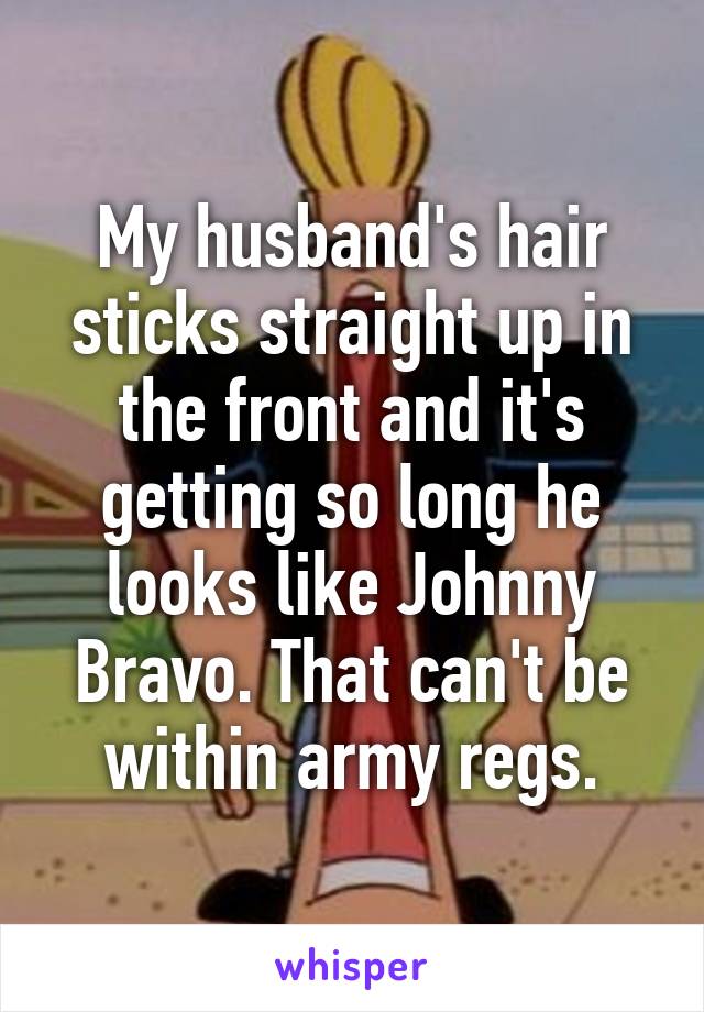 My husband's hair sticks straight up in the front and it's getting so long he looks like Johnny Bravo. That can't be within army regs.