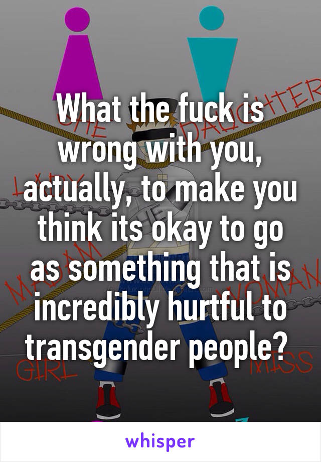 What the fuck is wrong with you, actually, to make you think its okay to go as something that is incredibly hurtful to transgender people? 