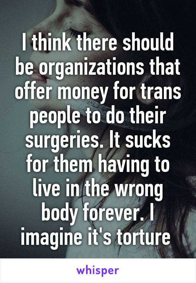 I think there should be organizations that offer money for trans people to do their surgeries. It sucks for them having to live in the wrong body forever. I imagine it's torture 