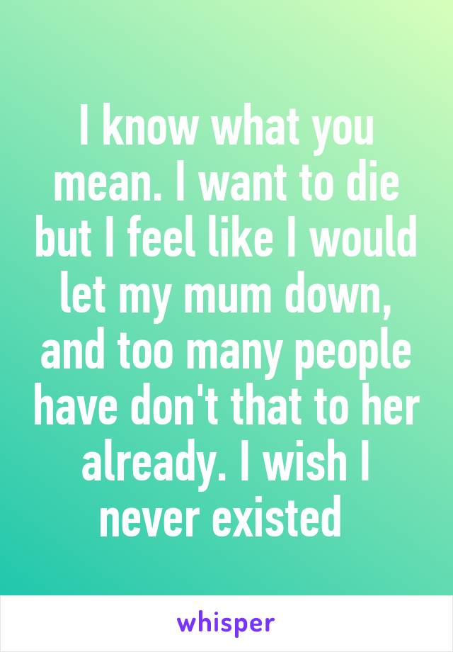 I know what you mean. I want to die but I feel like I would let my mum down, and too many people have don't that to her already. I wish I never existed 