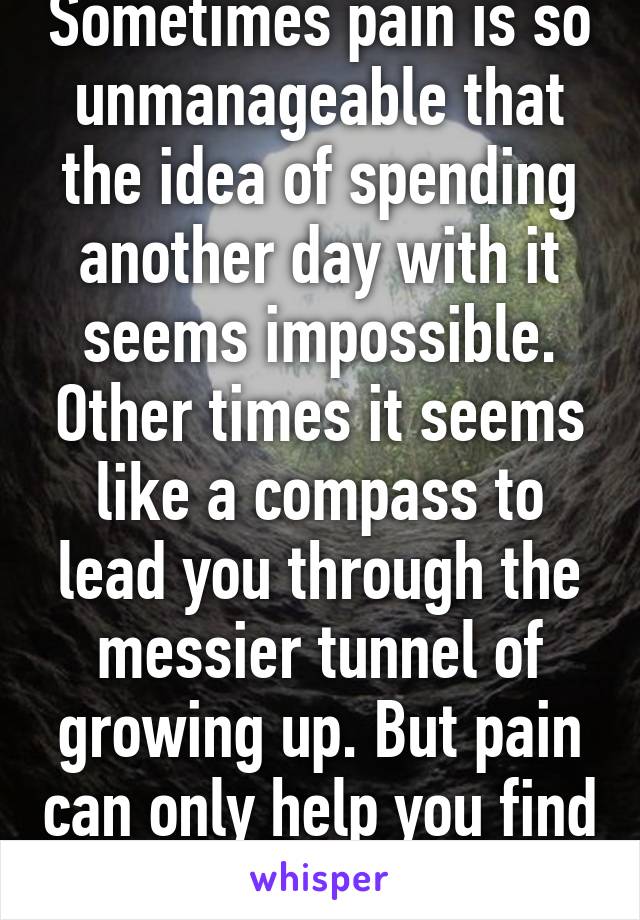 Sometimes pain is so unmanageable that the idea of spending another day with it seems impossible. Other times it seems like a compass to lead you through the messier tunnel of growing up. But pain can only help you find happiness 