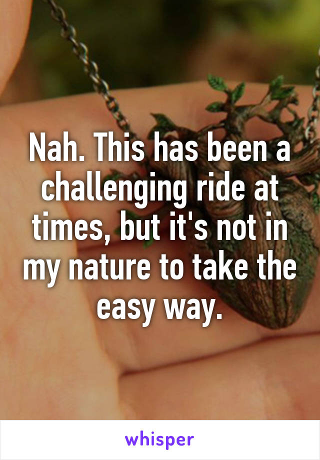 Nah. This has been a challenging ride at times, but it's not in my nature to take the easy way.