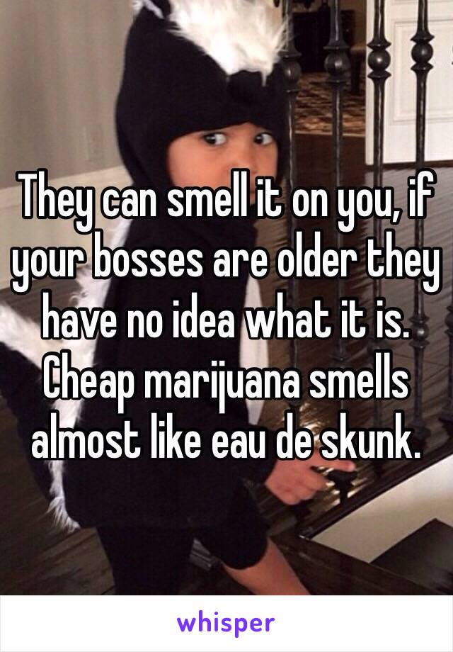 They can smell it on you, if your bosses are older they have no idea what it is. Cheap marijuana smells almost like eau de skunk.